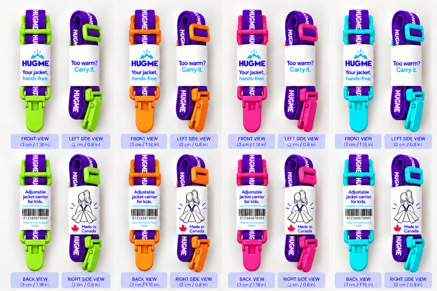 Front view of packaged HUGME in Purple + Lime